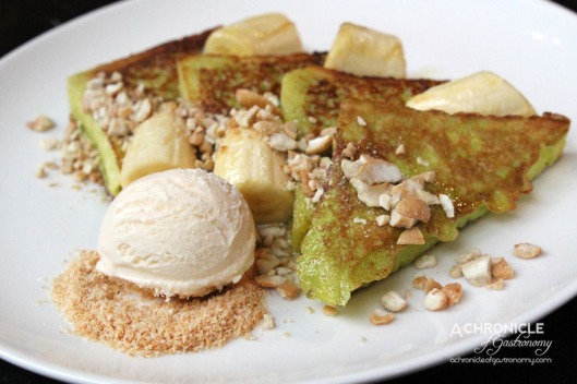 Red Spice QV Pandan French Toast with Cinnamon Caramel Banana, Smashed Cashews & Coconut Ice-Cream ($18)